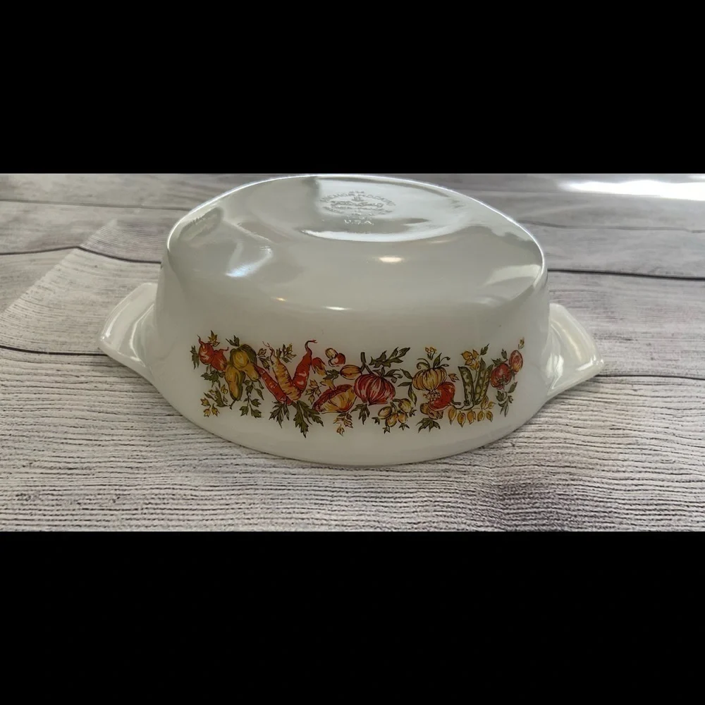 Vintage Anchor Hocking Fire King 1 QT Glass Dish Vegetable Print White Green